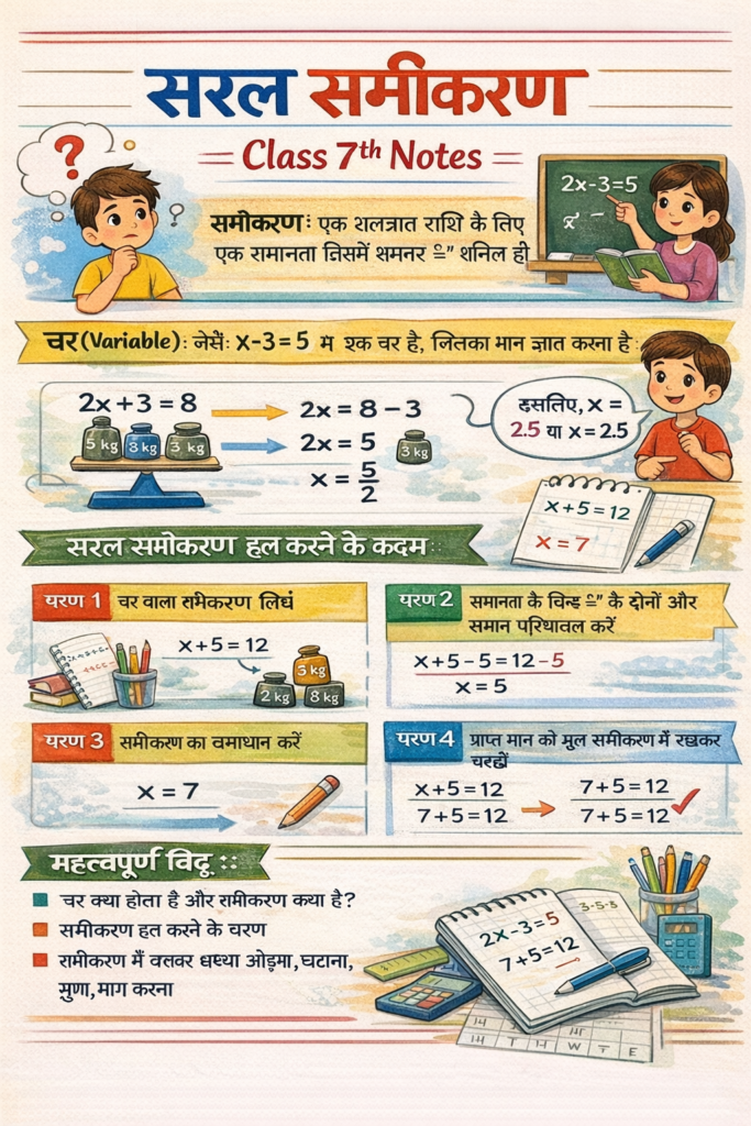 सरल समीकरण Class 7th Notes