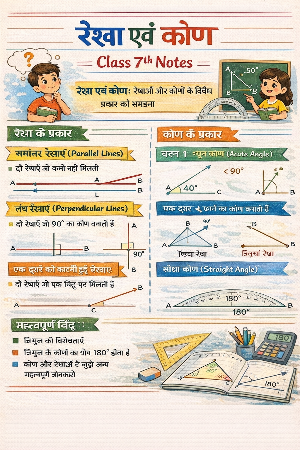 रेखा एवं कोण Class 7th Notes