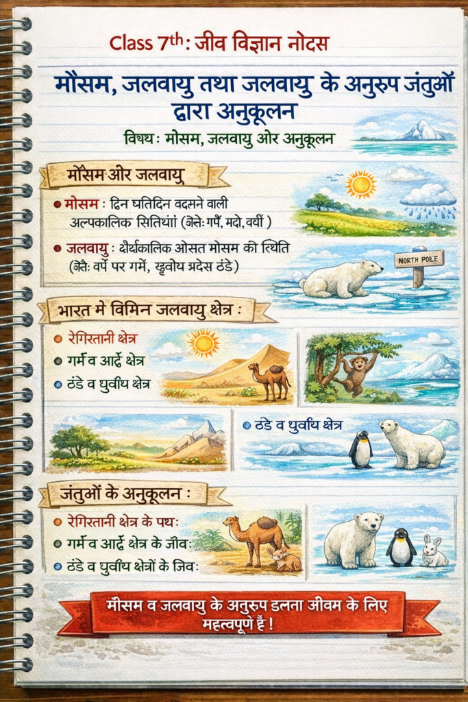 मौसम जलवायु तथा जलवायु के अनुरूप जंतुओं द्वारा अनुकूलन Class 7th जीव विज्ञान (Biology) Notes